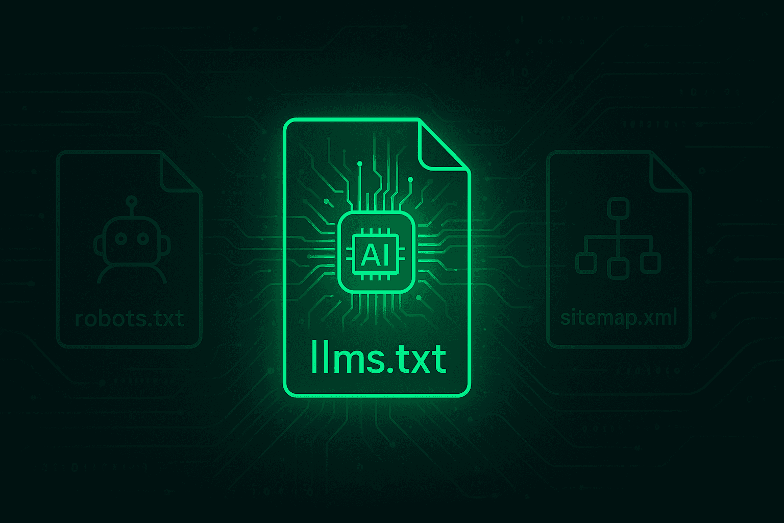 Illustration of three file icons—robots.txt, sitemap.xml, and llms.txt—highlighting llms.txt with an AI chip symbol, on a digital dark background