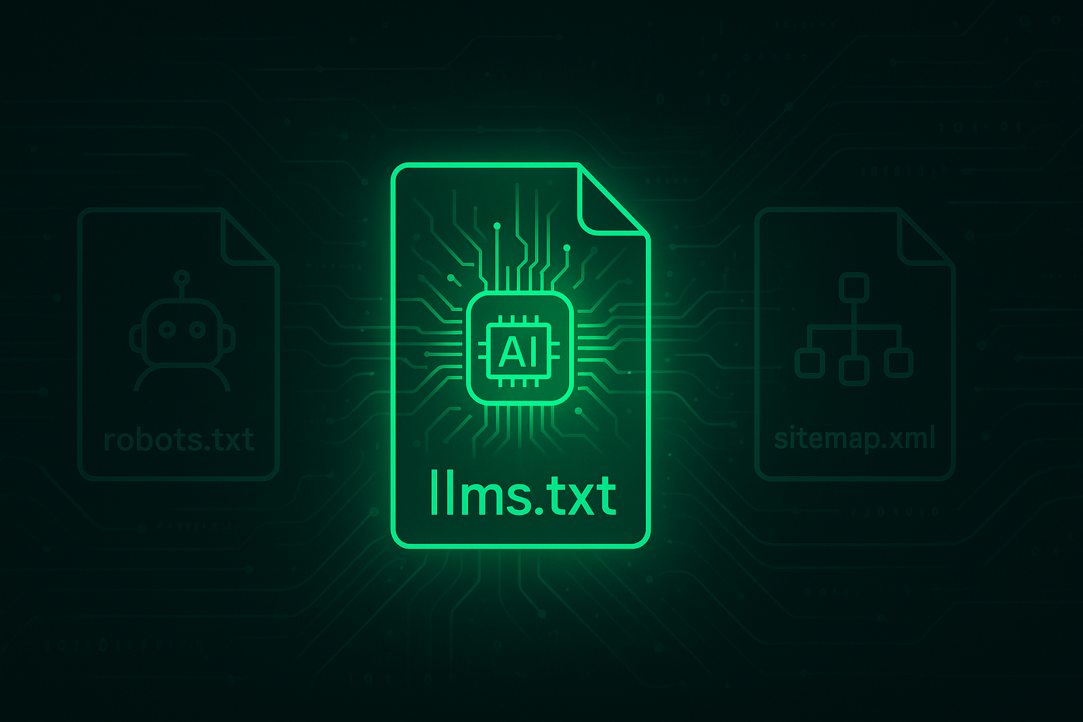 Ilustratie reprezentativa a 3 fisiere LLLMS.txt Robots.txt si sitemap.xml